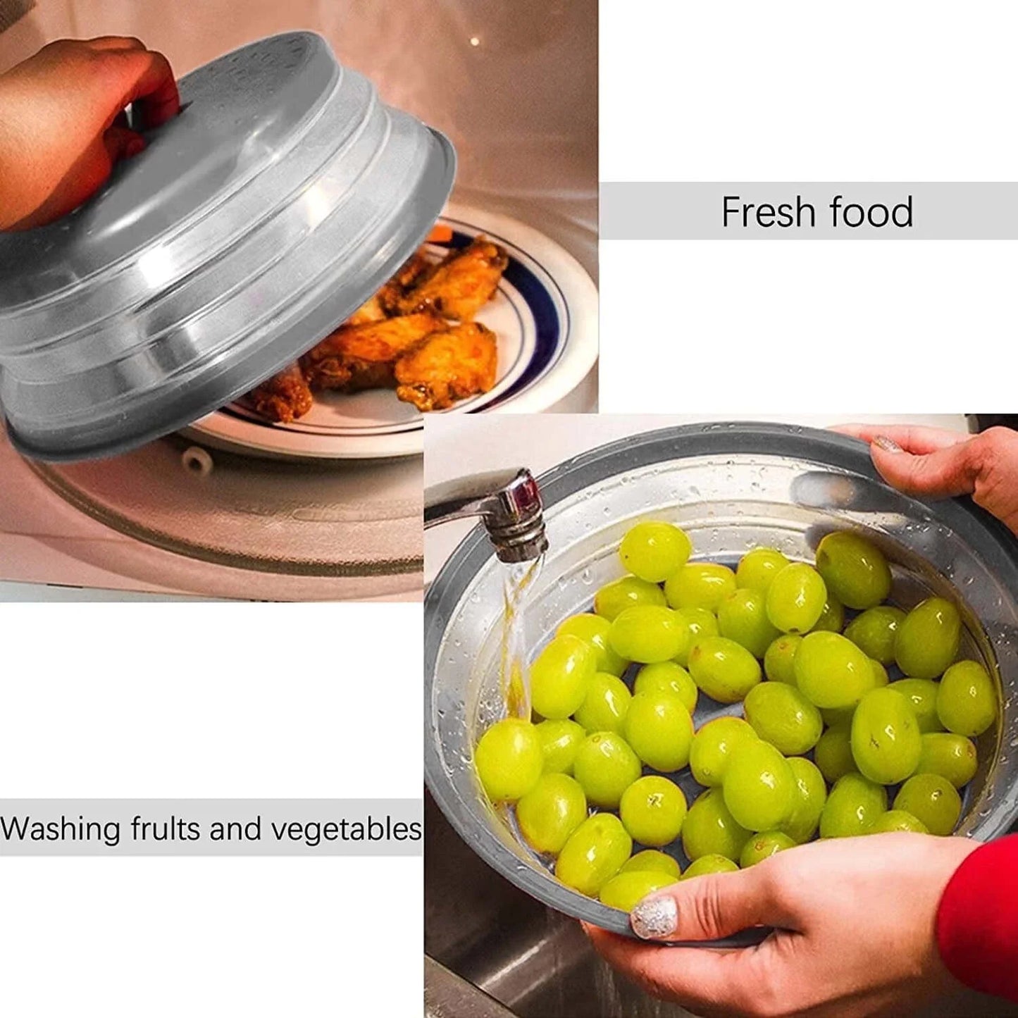 Vented Collapsible Microwave Splatter Cover for Food,Kitchen Dish Bowl Plate Lid Can Be Hung,Dishwasher-Safe,Fruit Drainer Basket,Bpa-Free Silicone & Plastic,Grey