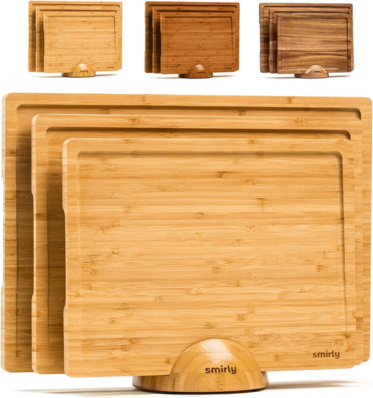 Wooden Cutting Boards for Kitchen - Bamboo Cutting Board Set with Holder, Wood Cutting Board Set, Cutting Board Wood, Wooden Chopping Board, Wooden Cutting Board Set