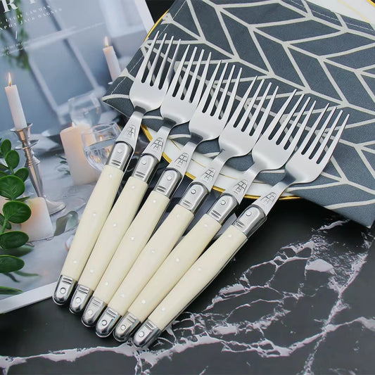 4/6/24Pcs Laguiole Ivory White Silverware Stainless Steel Steak Knives Table Forks Dinner Spoons Dessert Teaspoon Xmas Cutlery