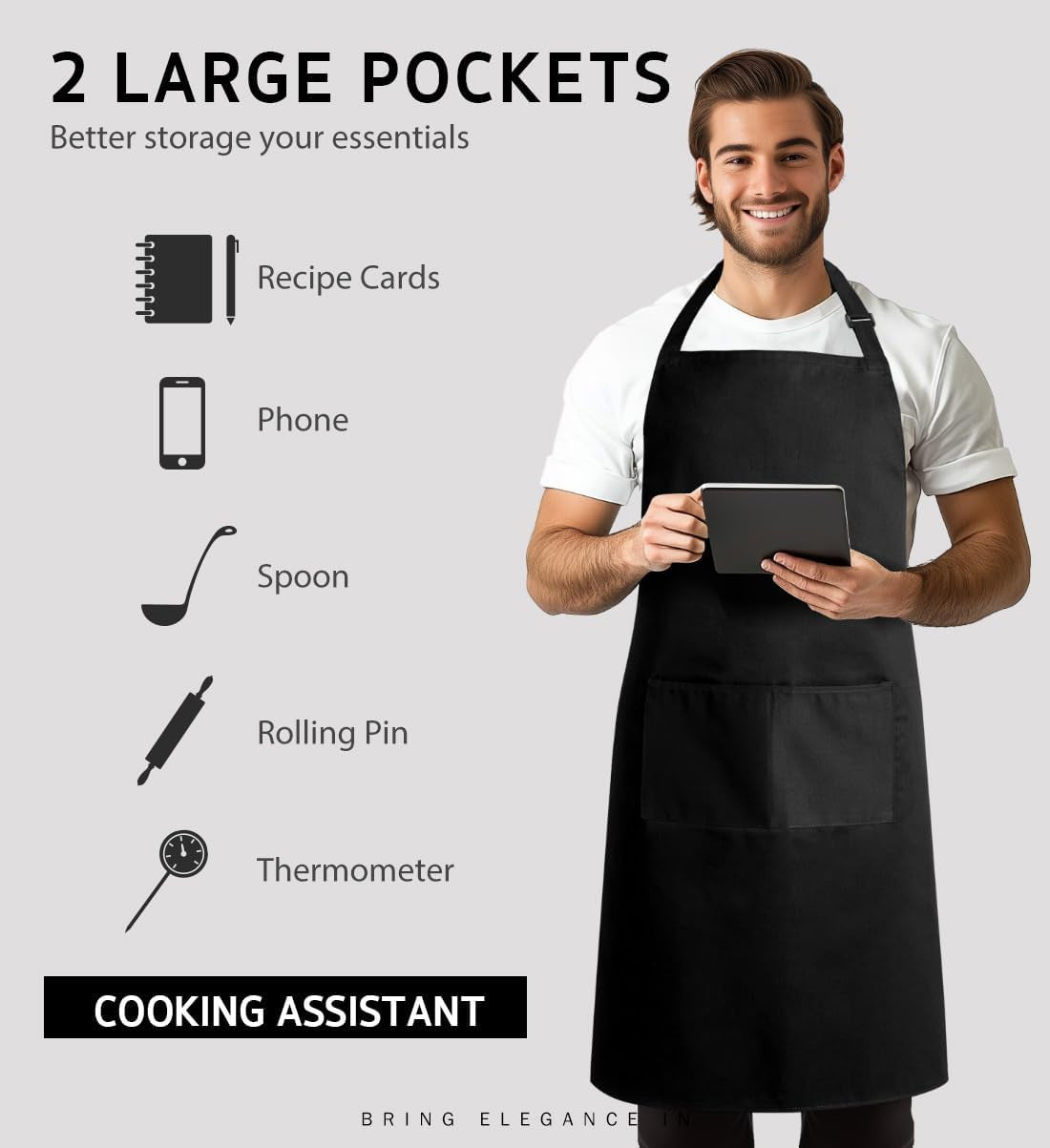 2 Pack Adjustable Bib Apron Waterdrop Resistant with 2 Pockets Cooking Kitchen Aprons for Women Men Chef, Black