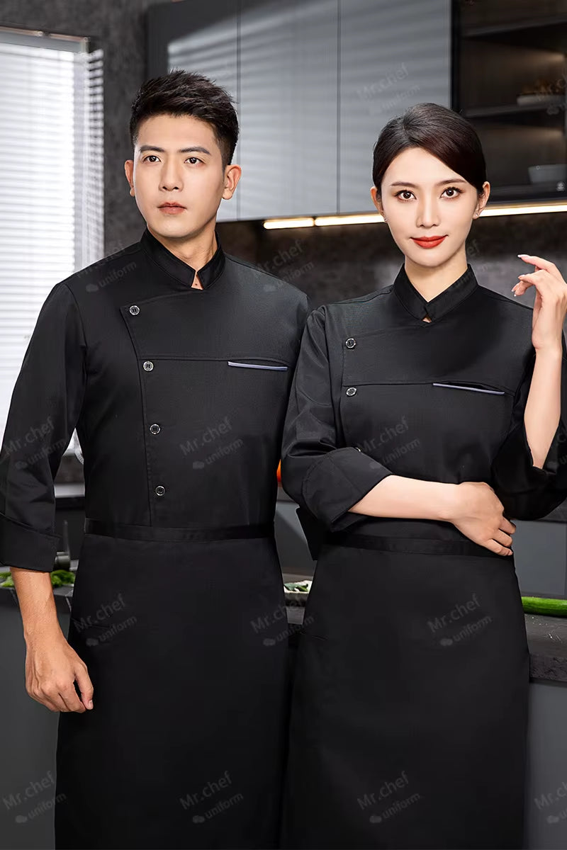 Men Chef Jacket with Apron Long Sleeve Chef Uniform Restaurant Cook Coat Chef T-Shirt Work Uniform Hotel Clothes Logo Women