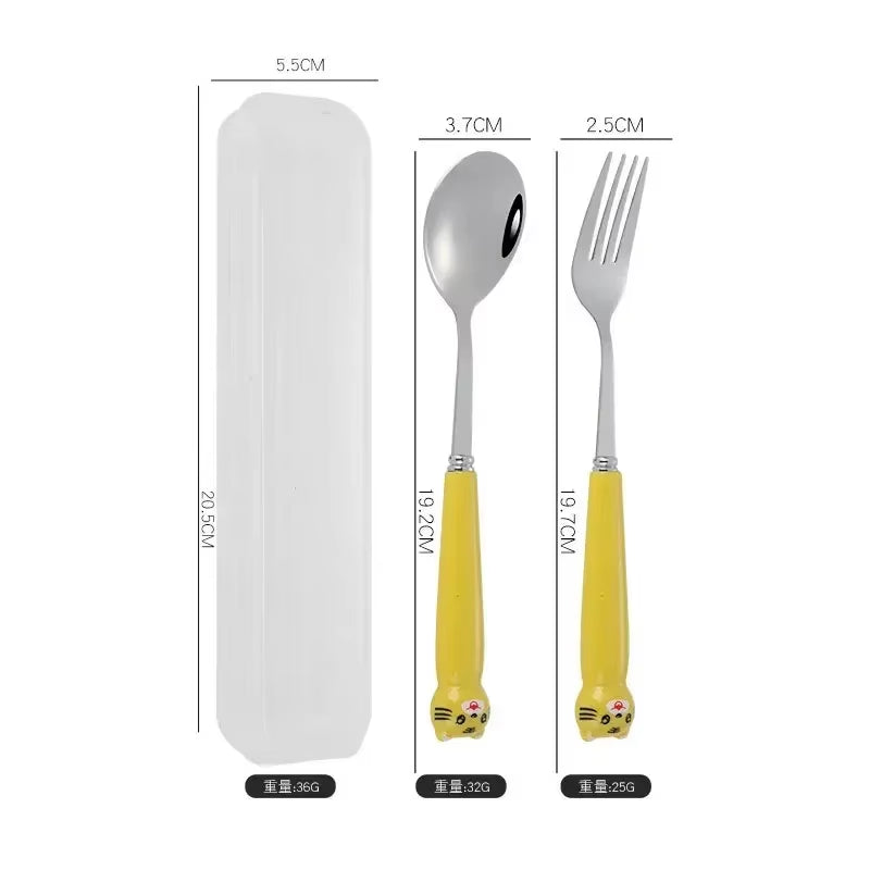 Portable Cartoon Tableware with Case Kitchen Utensils Reusable Flatware Silverware Include Fork Spoon for Children