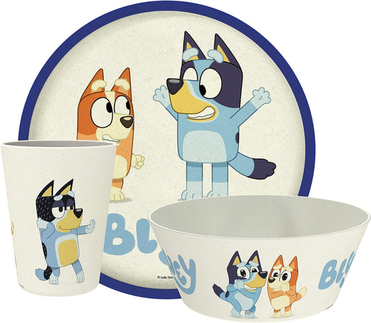 Bluey Kids Dinnerware Set 3 Pieces, Durable and Sustainable Melamine Bamboo Plate, Bowl, and Tumbler Are Perfect for Dinner Time with Family (Bluey, Bingo, Bandit, Chilli)