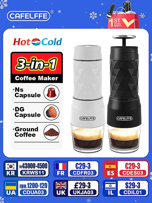 3 In1 Portable Coffee Machine Hot/Cold Water Manual Espresso Maker for Capsule & Ground Hand Press Brewer Hiking Travel