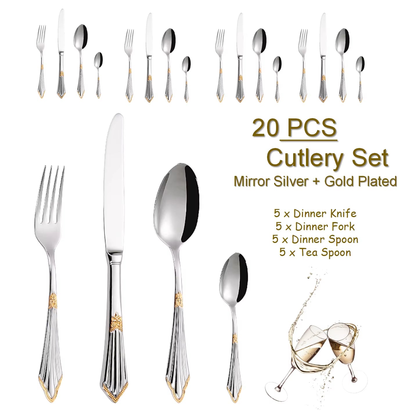 4/8/12/16/20/24/28 PCS Luxury Gold Plated Flatware Set Dishwasher Safe Cutlery Antique Silverware with Hollow Handle Table Knife