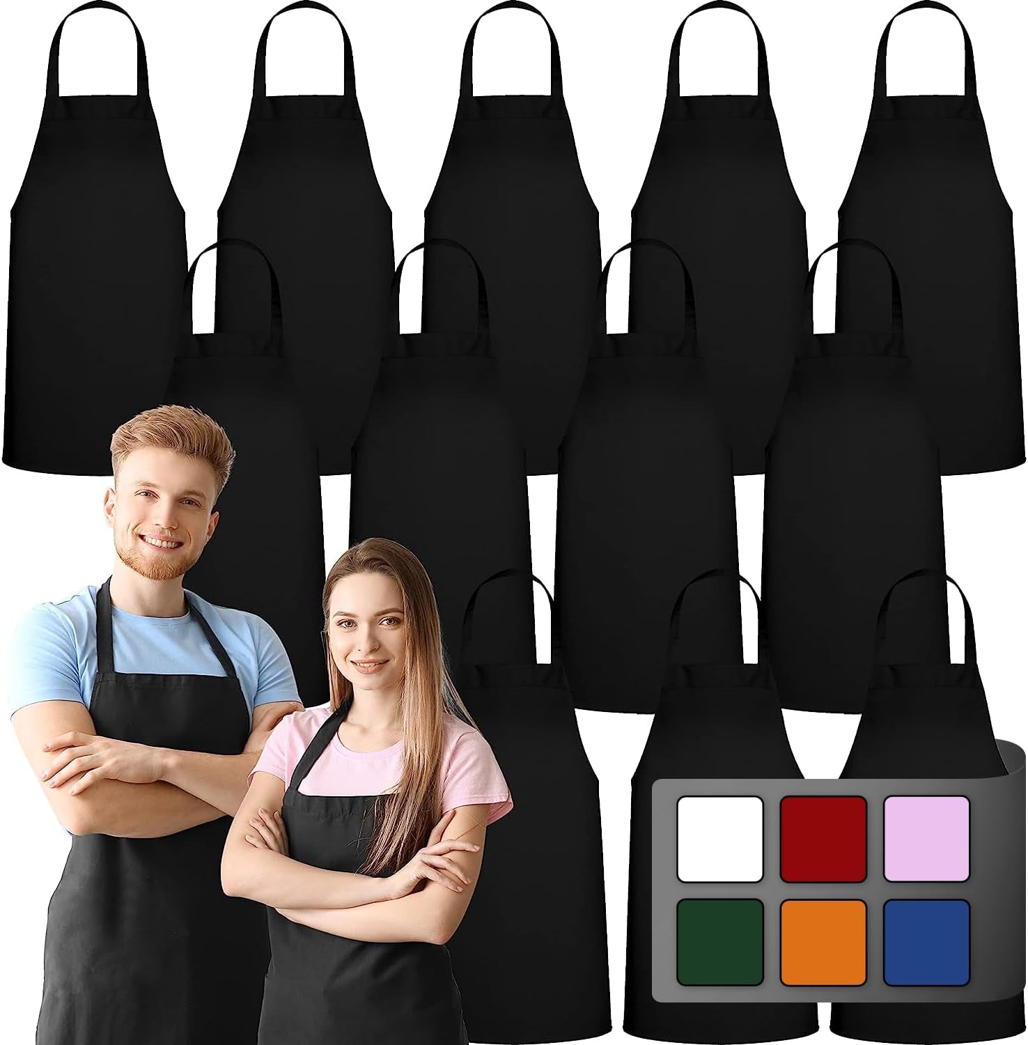 12 Pack Bib Apron - Unisex Black Aprons, Machine Washable Aprons for Men and Women, Kitchen Cooking BBQ Aprons Bulk (Pack of 12, No Pockets, Black)