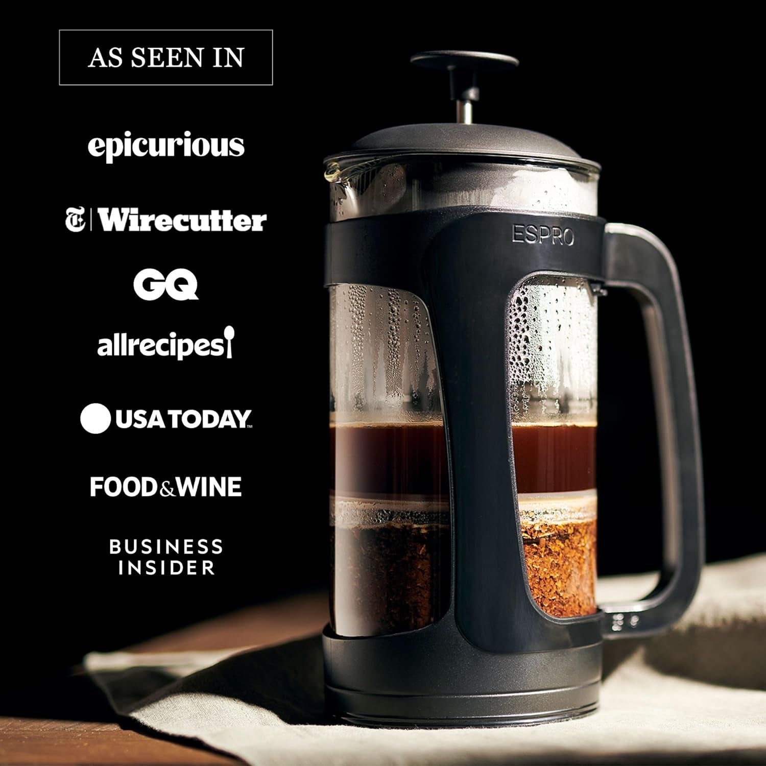 - P3 French Press - Double Micro-Filtered Coffee and Tea Maker, Grit-Free and Bitterness-Free Brews, Ideal for Loose Tea and Coffee Grounds - (Black, 32 Oz)