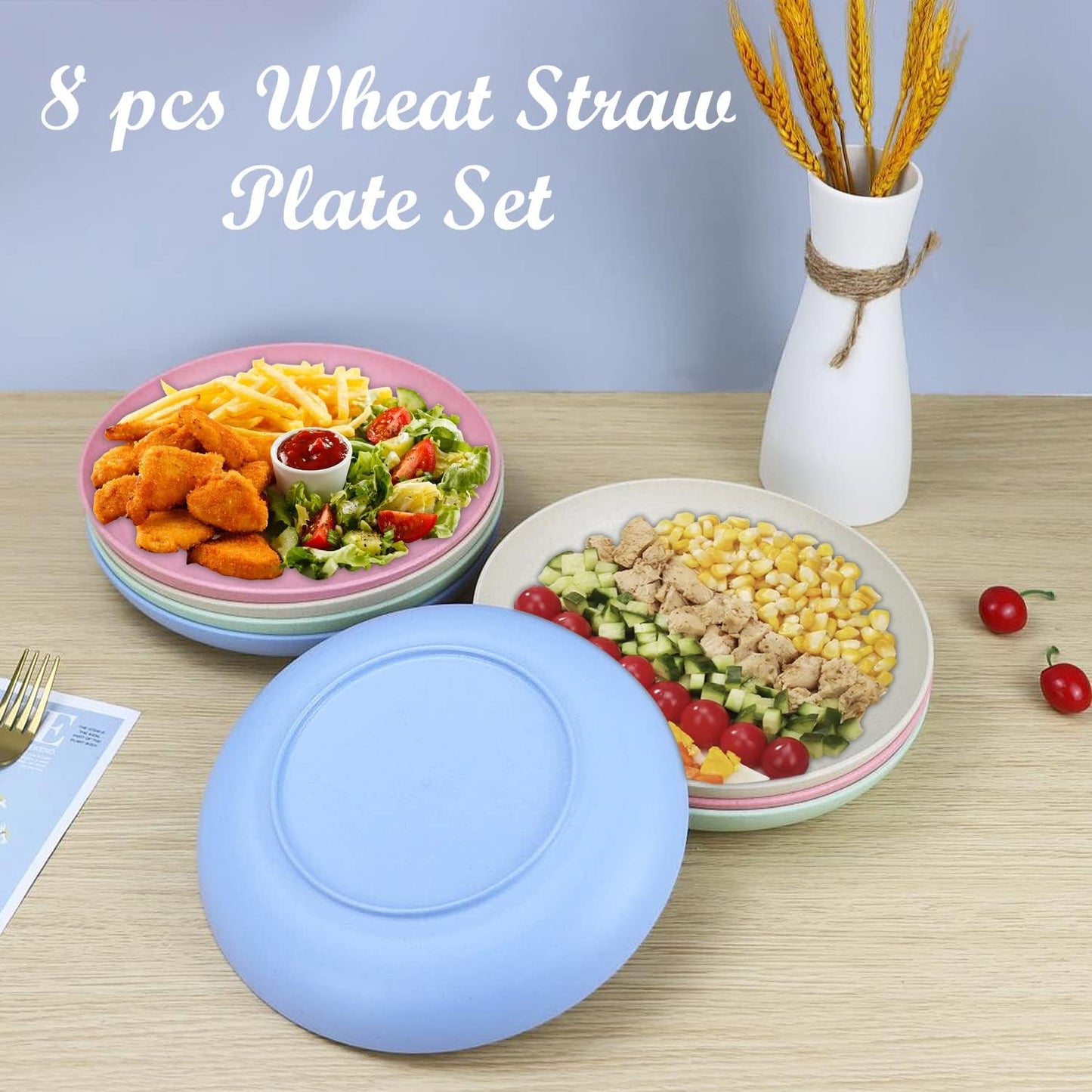 Deep Dinner Plates Set of 8 Alternative for Plastic Plates Microwave and Dishwasher Safe Wheat Straw Plates for Kitchen Unbreakable Wheat Straw Plates with 4 Colors (Fresh Light, 9 Inch)