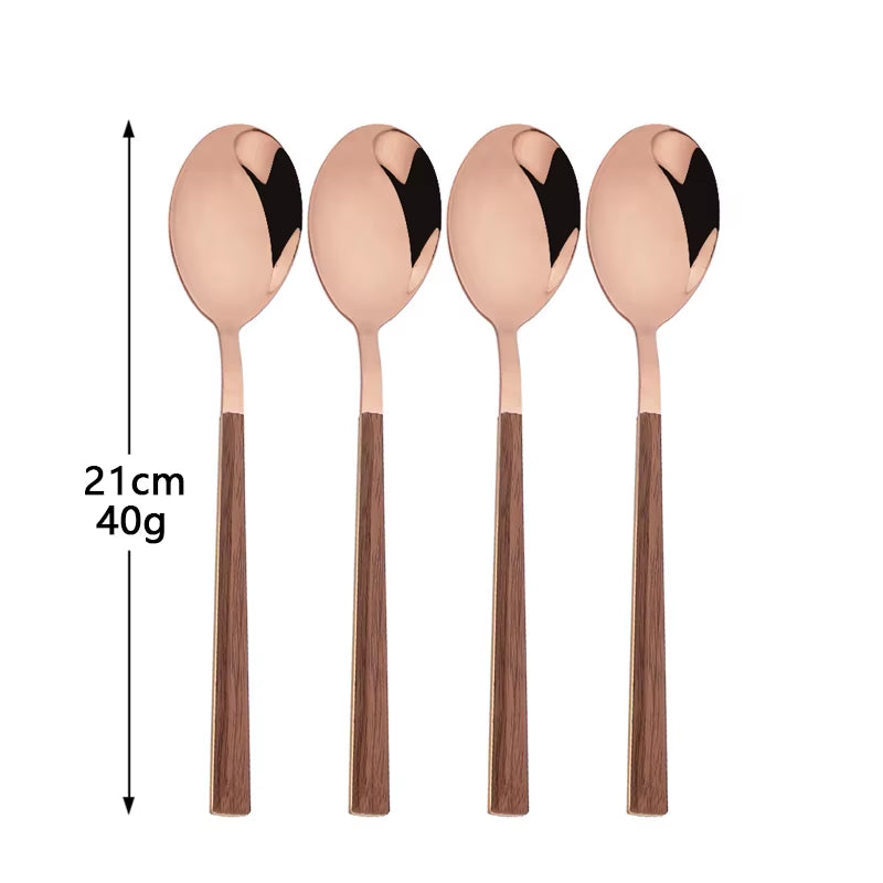 4/12/16Pcs Silver Cutlery Set Chopsticks Knife Fork Spoon Imitation Wooden Handle Korean Dinnerware Set Luxury Tableware Set