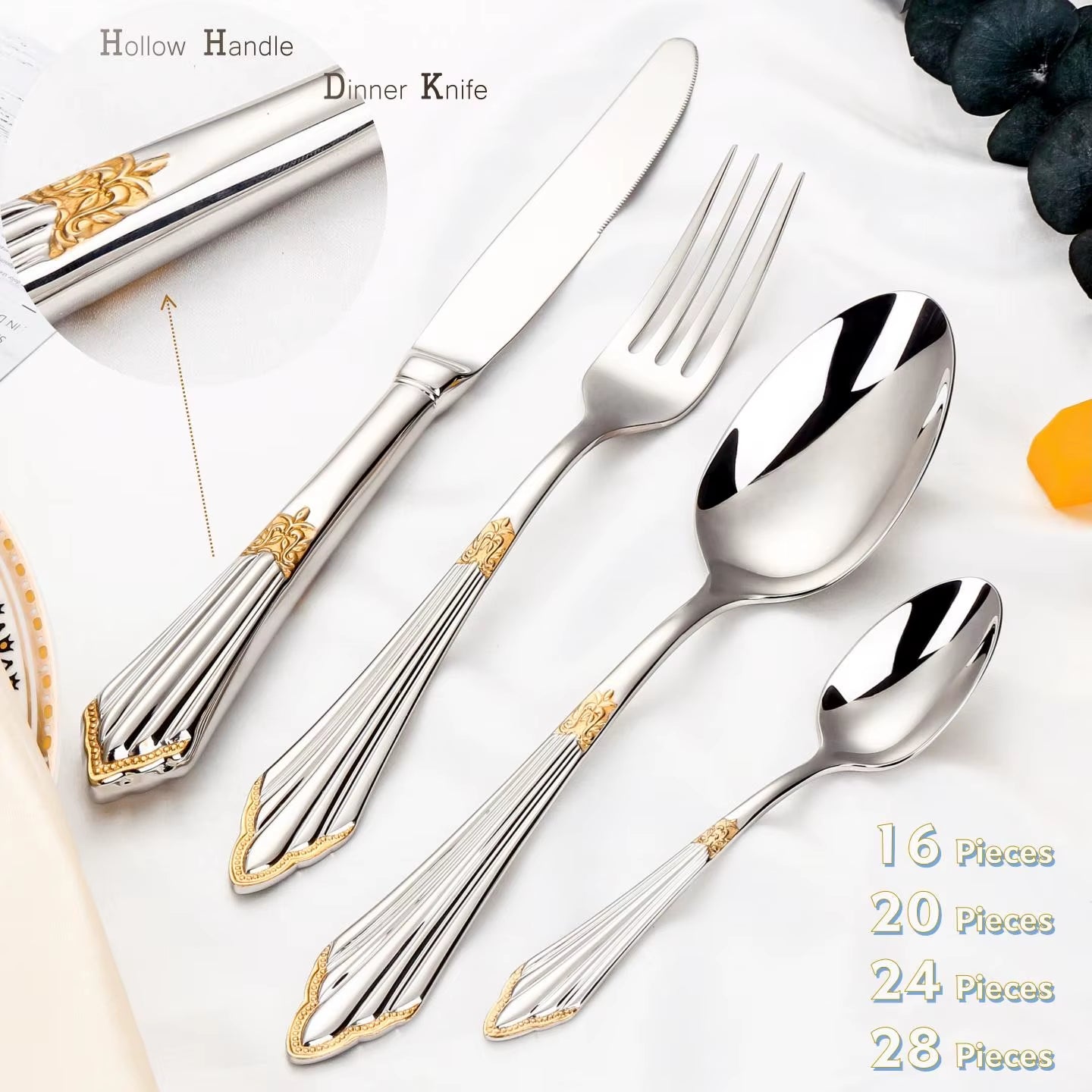 4/8/12/16/20/24/28 PCS Luxury Gold Plated Flatware Set Dishwasher Safe Cutlery Antique Silverware with Hollow Handle Table Knife