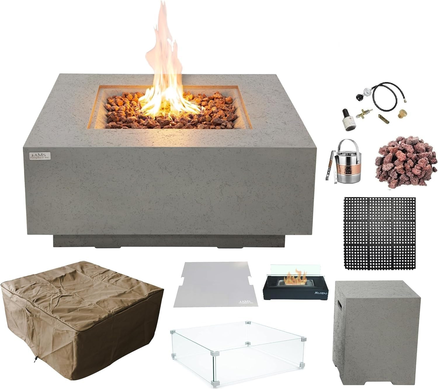 AMS Fireplace | Brooklyn 40"X40" Square Concrete Natural Gas Fire Pit Table | Dark Gray | Travertine (Coarse) Texture Surface | Outdoor Patio Heater Electronic Ignition outside Backyard Fireplace