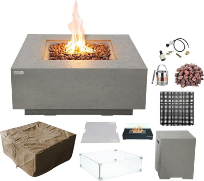 AMS Fireplace | Brooklyn 40"X40" Square Concrete Natural Gas Fire Pit Table | Dark Gray | Travertine (Coarse) Texture Surface | Outdoor Patio Heater Electronic Ignition outside Backyard Fireplace