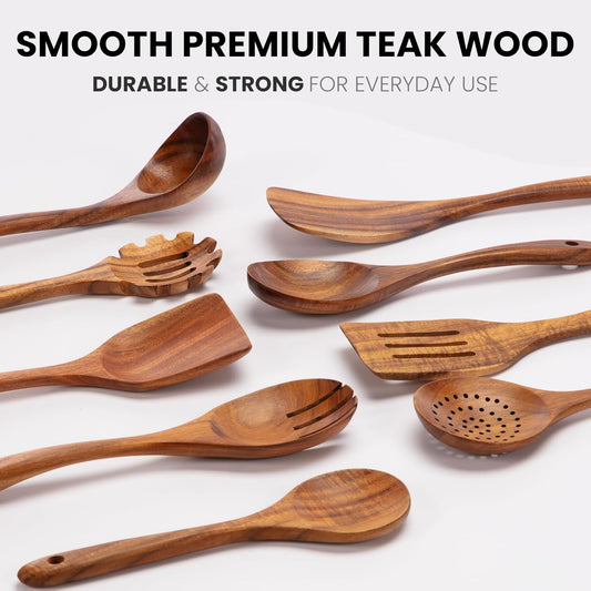 9-Piece Teak Wooden Utensils for Cooking - Smooth Finish Natural Teak Utensil Set - Non-Stick Wooden Spoons for Cooking - Kitchen Gift Set - Comfortable Grip Wooden Utensil Set