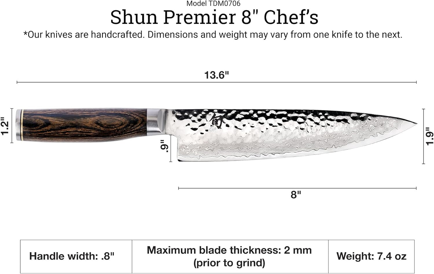 Premier 8" Chef'S Knife, Handcrafted Japanese Kitchen Knife, VG-MAX Core with Damascus Stainless Steel Cladding, Pakkawood Handle, Chef Knife for Professional and Home Chefs