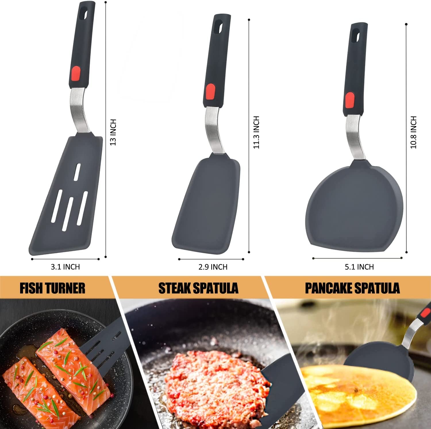 Silicone Spatula Turner Set of 3,  600°F Heat Resistant Cooking Spatulas for Nonstick Cookware, Large Flexible Kitchen Utensils BPA Free Rubber Spatula Set for Egg, Pancake, Fish, Burger