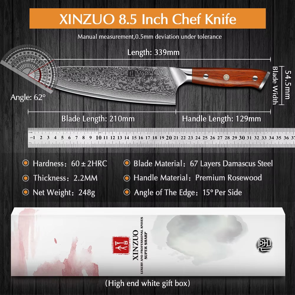 8.5 Inch Chef Knives High Carbon Chinese VG10 67 Layer Damascus Kitchen Knife Stainless Steel Gyuto Knife Rosewood Handle