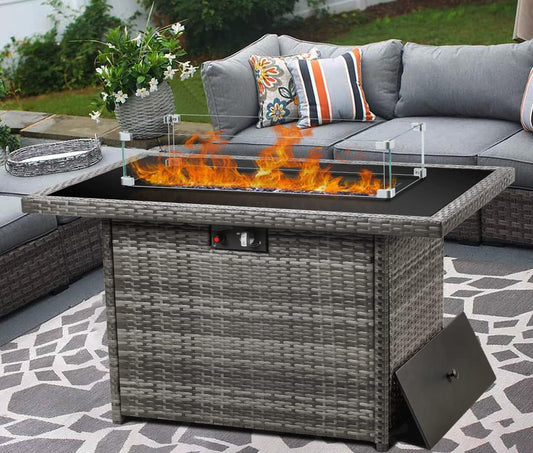 44" Propane Gas Fire Pit Table, 55000 BTU Rectangular Fire Pit with Glass Wind Guard for outside Patio Deck Garden Backyard