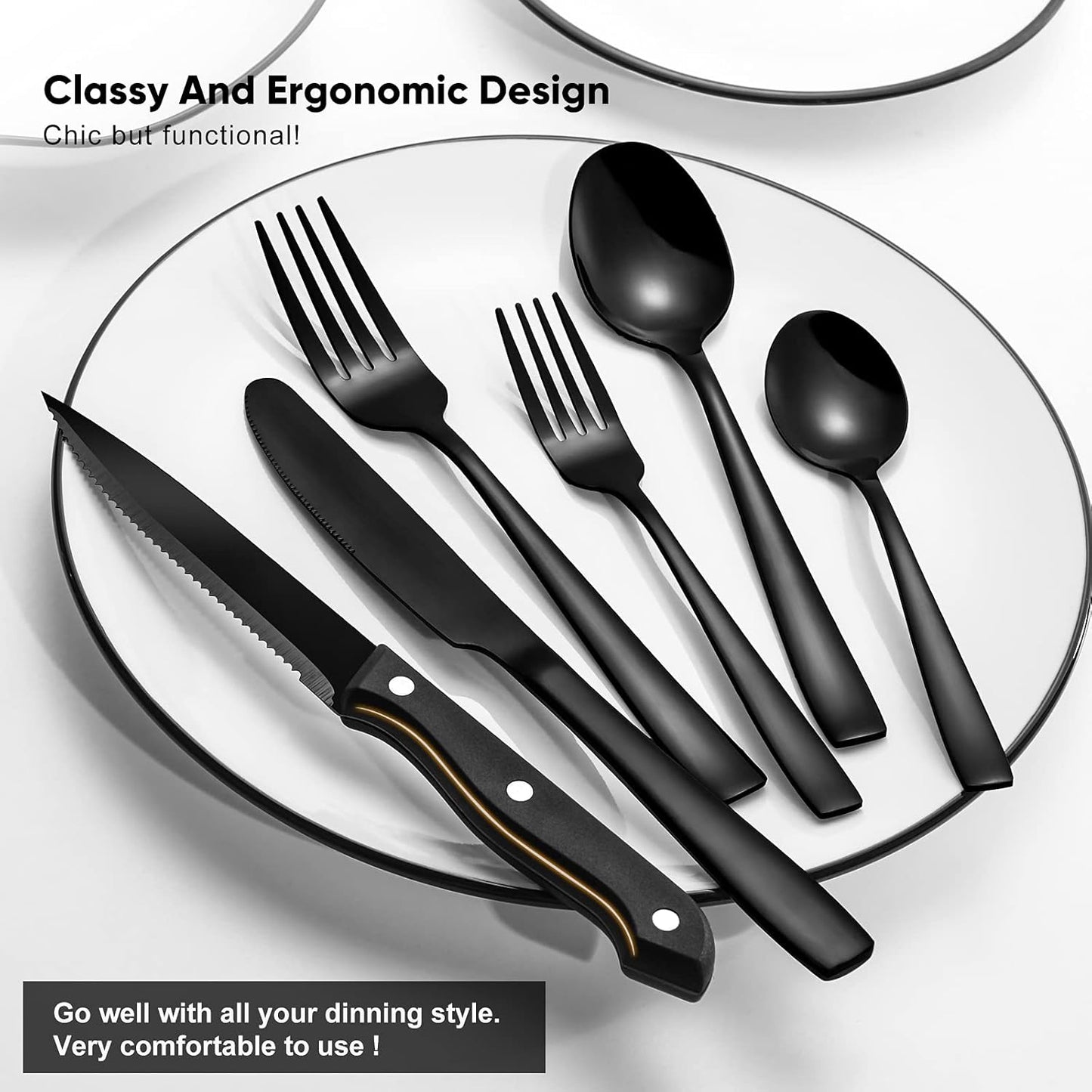 48 Pieces Black Silverware Set, Black Flatware Set with Steak Knives, Food-Grade Stainless Steel Cutlery Set for 8, Tableware Eating Utensils, Dishwasher Safe