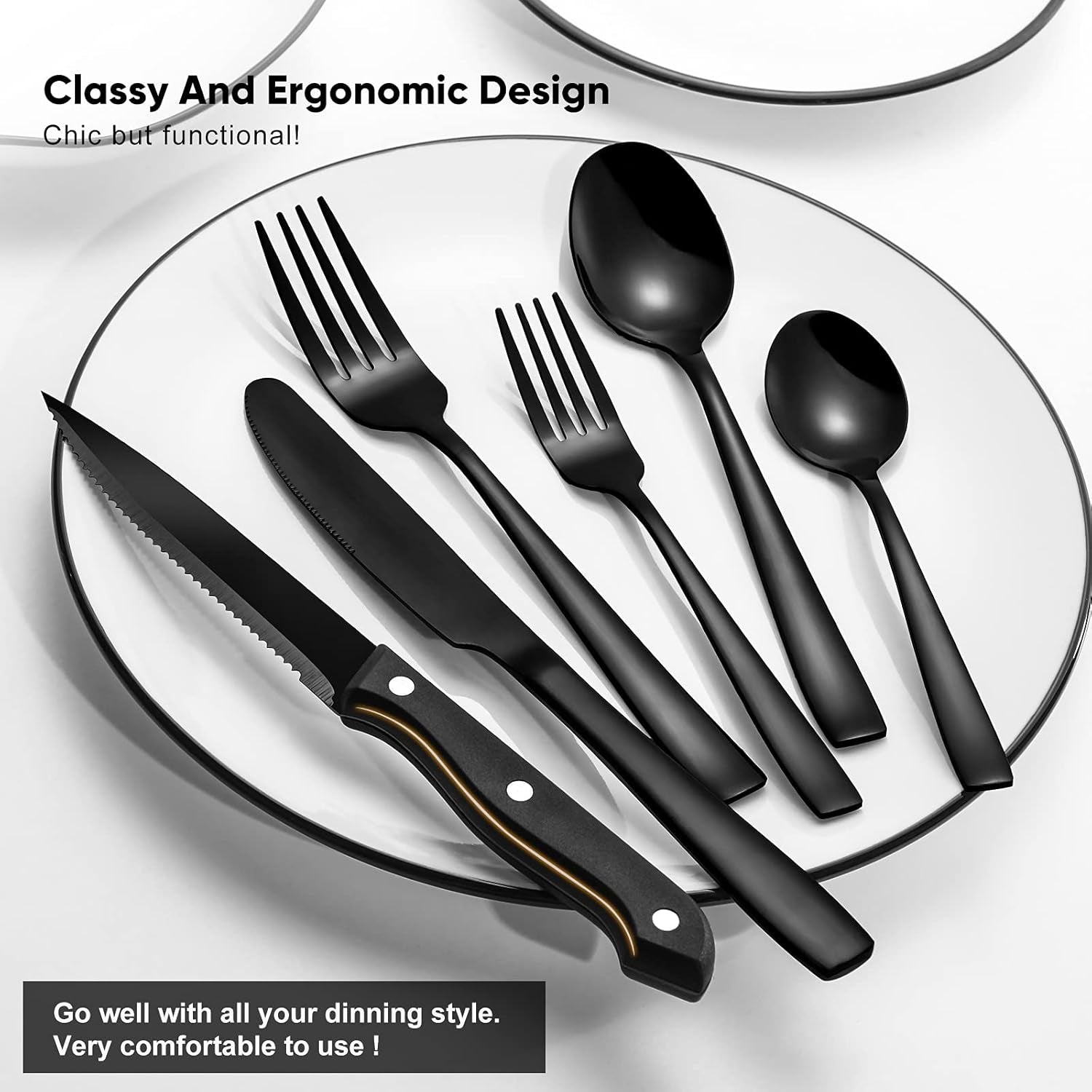 48 Pieces Black Silverware Set, Black Flatware Set with Steak Knives, Food-Grade Stainless Steel Cutlery Set for 8, Tableware Eating Utensils, Dishwasher Safe