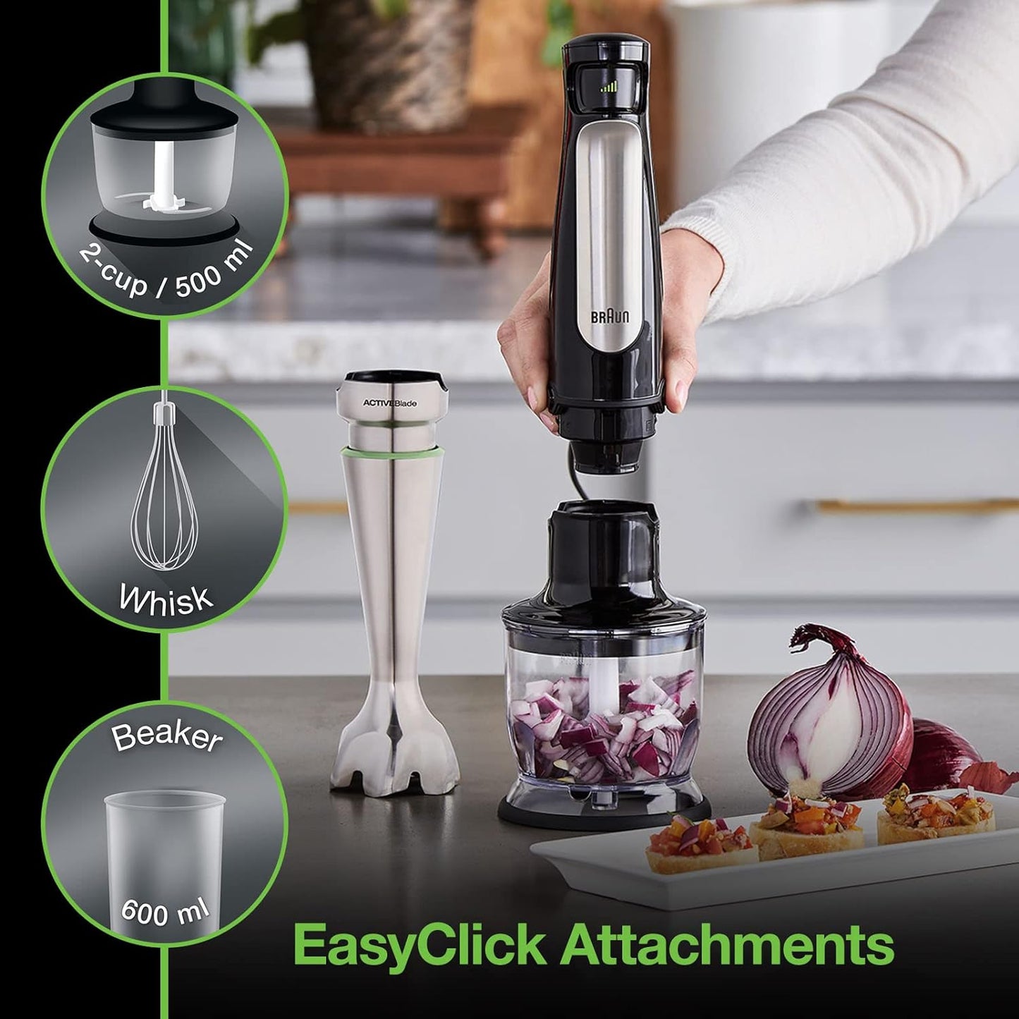 Multiquick 7 3-In-1 Immersion Hand Blender with Variable Speed and Patented Technology - Includes 2-Cup Chopper, Whisk + Beaker for Fast Blending, Stainless Steel, MQ7035X