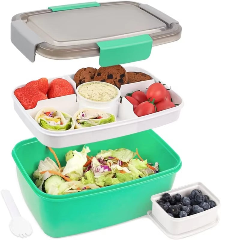 Large Microwave Safe Bento Box Big Salad Food Container 4 Compartment Tray Bpa-Free Lunch Box Salad Bowl with Dressing Container