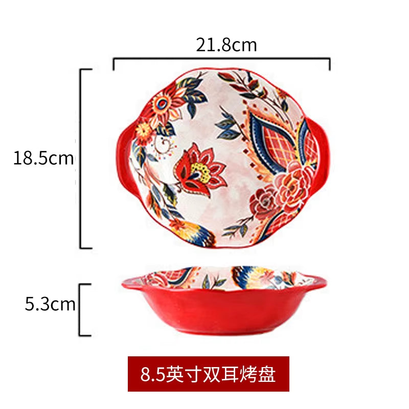 Ceramic Colorful Flower Dinner Plate Set Under-Glazed Retro Dinner Dishes Dinnerware Household Bowl Bakeware Flower Tableware