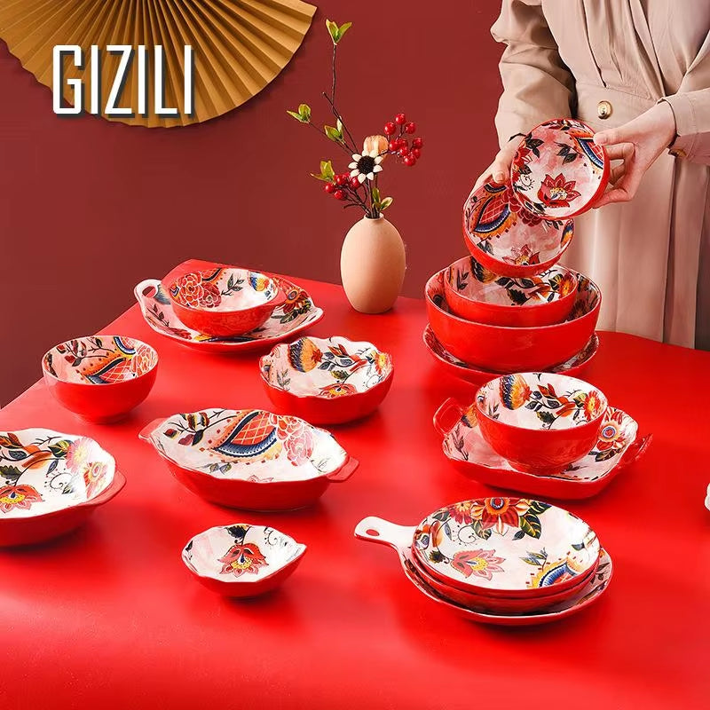 Ceramic Colorful Flower Dinner Plate Set Under-Glazed Retro Dinner Dishes Dinnerware Household Bowl Bakeware Flower Tableware