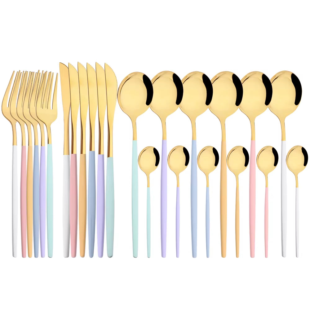 Mirror 24 Pcs Gold Cutlery Sets Kitchen Tableware Stainless Steel Knife Forks Spoons Silverware Home Flatware Set Dinnerware Set