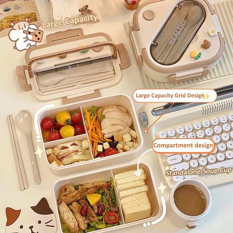 Simple Cute Portable Lunch Box with Compartment for Girls School Kids Plastic Picnic Bento Box Microwave Food Storage Containers