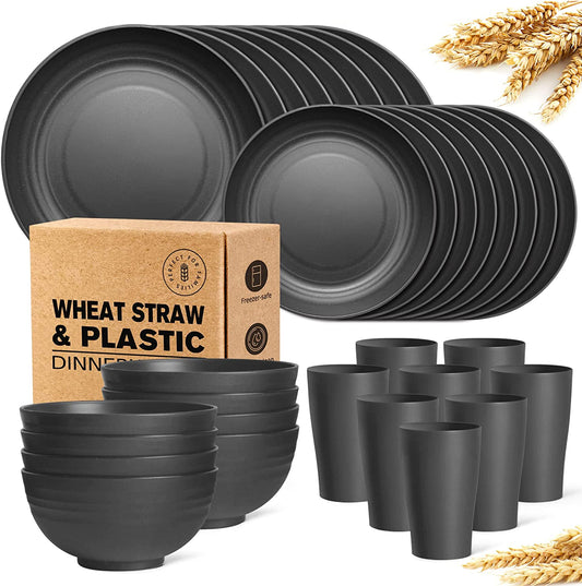 32-Piece Kitchen Plastic Wheat Straw Dinnerware Set, Service for 8, Unbreakable Modern Dish Set - Dinner Plate/Dessert Plate/Cereal Bowl/Cup, for Apartment Essentials, Outdoor Camping,Black