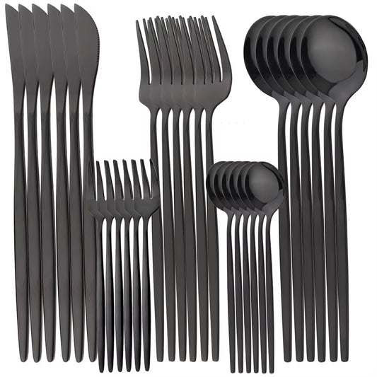 30Pcs Dinnerware Set Stainless Steel Black Tableware Set Knife Fork Spoon Teaspoon Cutlery Western Mirror Kitchen Silverware Set