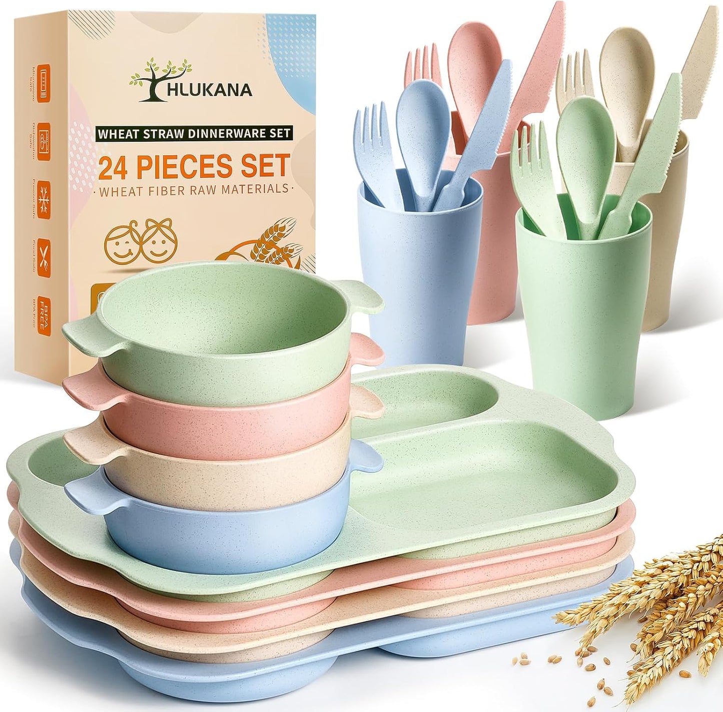 24 Pcs Wheat Straw Dinnerware Cutlery Set, Unbreakable Tableware Set, Including Kids Toddlers Divided Plates, Bowls, Cup, Cutlery Spoons Knifes Forks, BPA Free, Microwave Dishwasher Safe