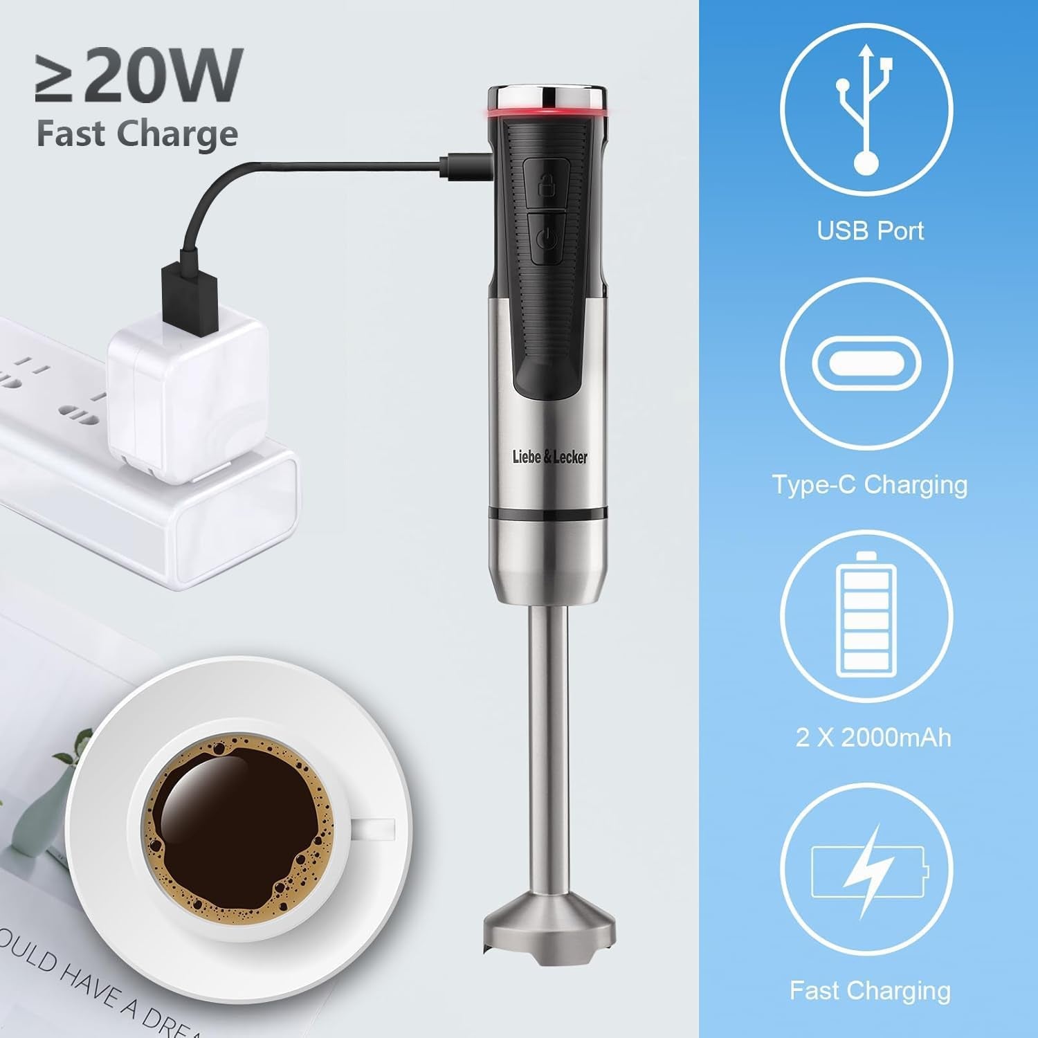 Cordless Hand Blender, Immersion Blender Handheld USB Rechargeable 8 Variable Speeds with Whisk, Milk Frother Attachments, Portable Stick Blender for Milkshakes, Smoothies & Soups.