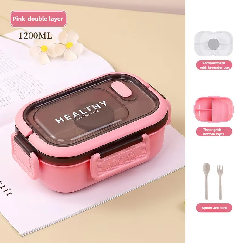 1200ML Double Layer Lunch Box Portable Compartment Salah Fruit Food Box Microwave Lunch Fork and Spoon Picnic Fresh Box