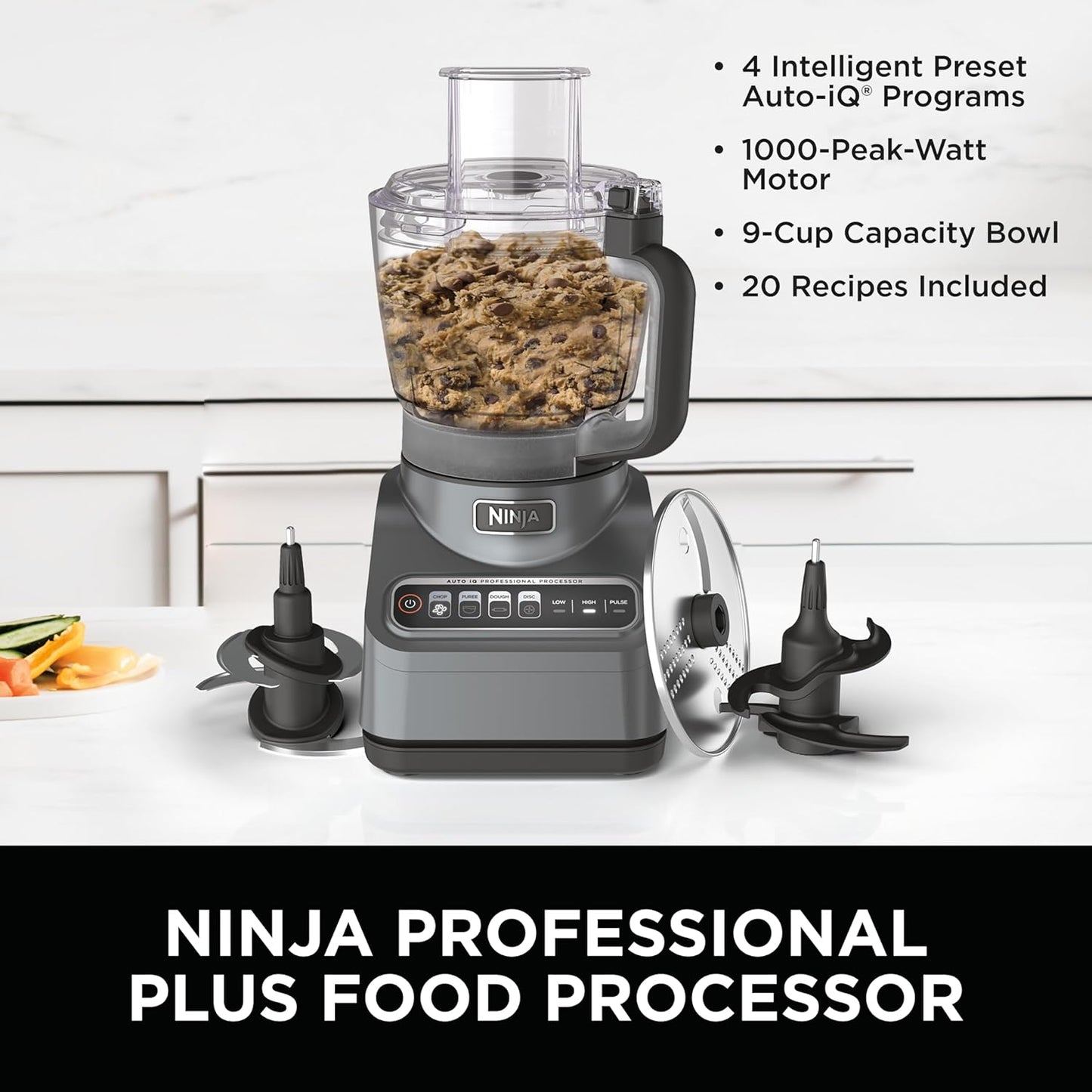 Food Processor, Professional Plus, 1000 Peak Watts, 4 Functions for Chopping, Slicing, Purees & Dough with 9-Cup Processor Bowl, 3 Blades, Food Chute & Pusher, Silver, BN601