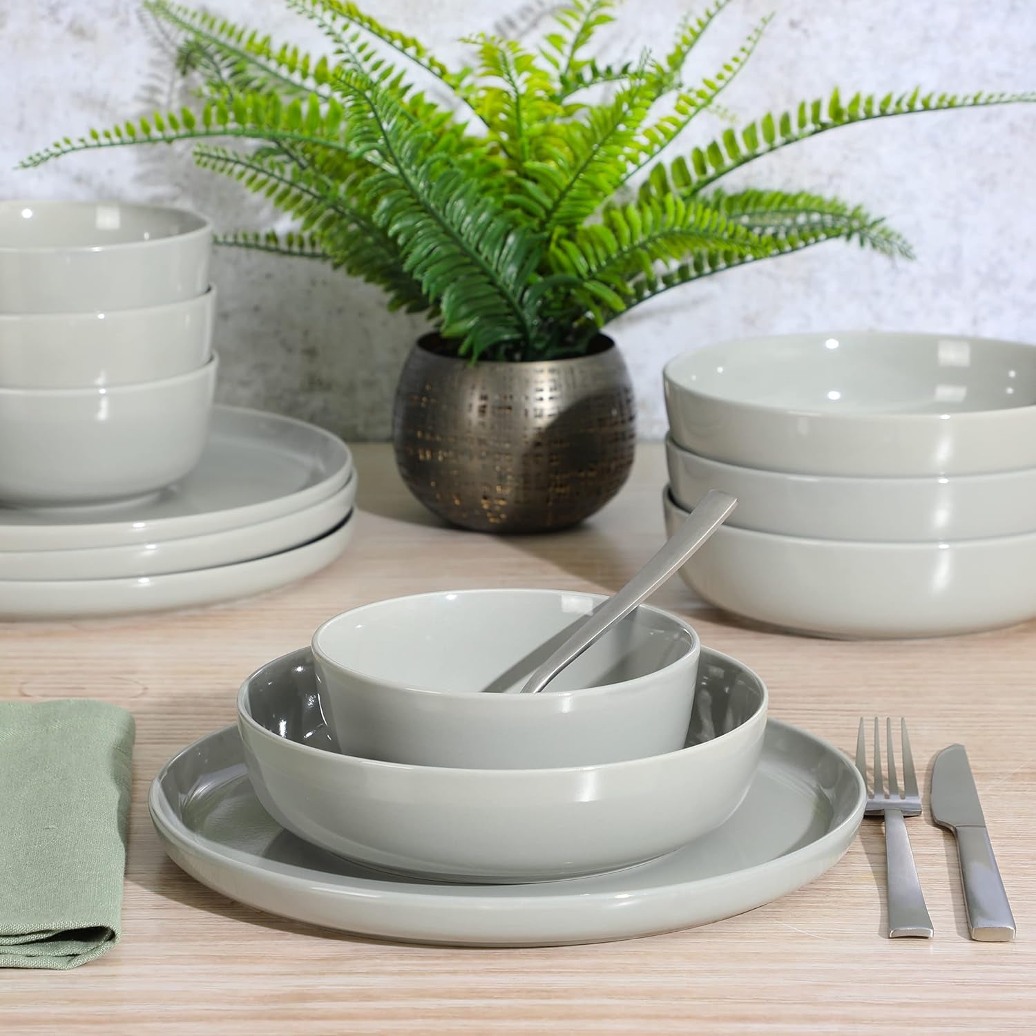 Oslo 12-Piece Porcelain Chip and Scratch Resistant Dinnerware Set, Grey,Service for 4