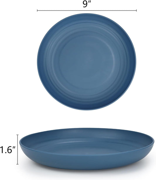 Deep Dinner Plates Set of 8-9 Inch Alternative for Plastic Plates Microwave and Dishwasher Safe Wheat Straw Plates for Kitchen Unbreakable Kids Plates (Blue)