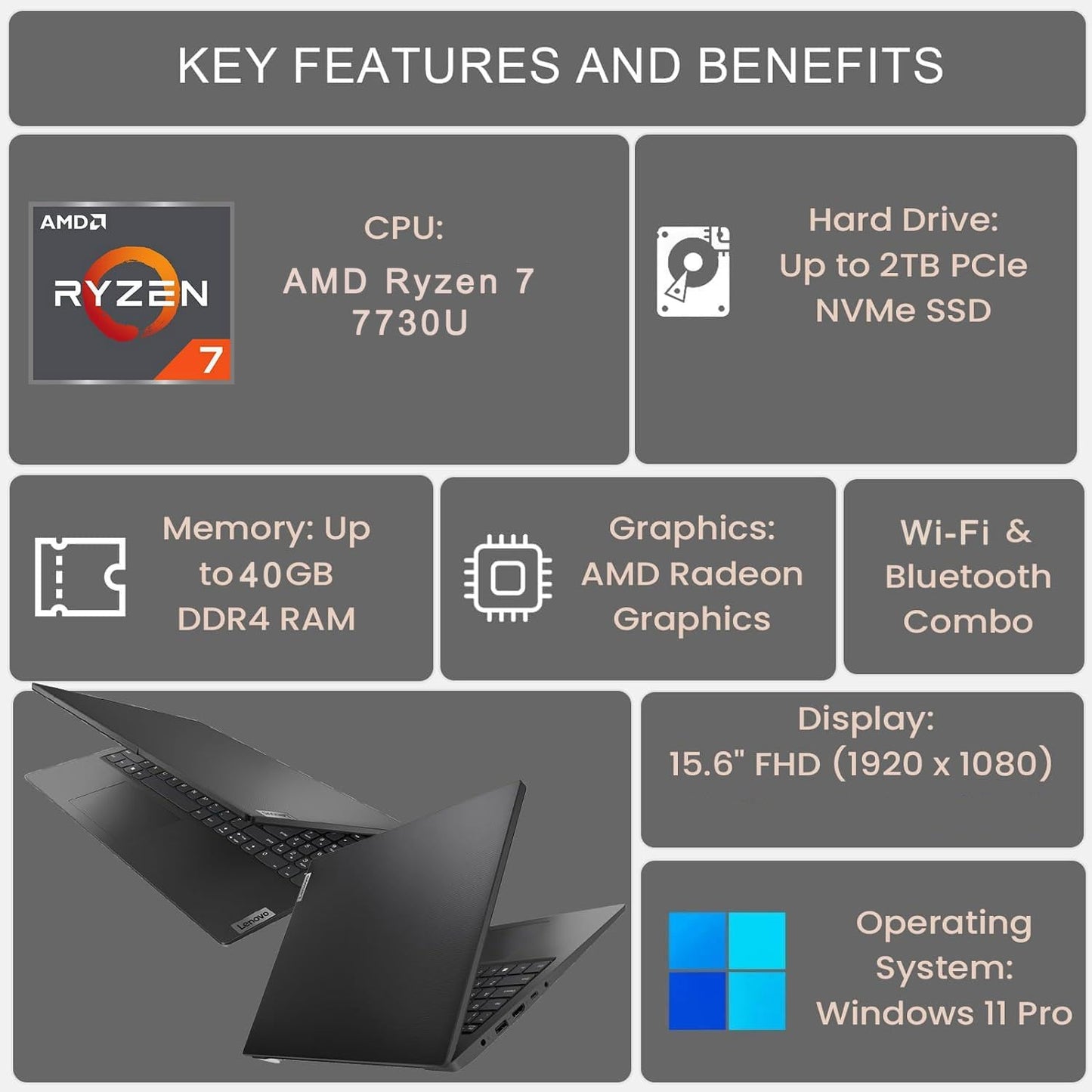 V-Series V15 Business Laptop, 15.6" FHD Display, AMD Ryzen 7 7730U, 40GB RAM, 1TB SSD, Numeric Keypad, HDMI, RJ45, Webcam, Wi-Fi, Windows 11 Pro, Black