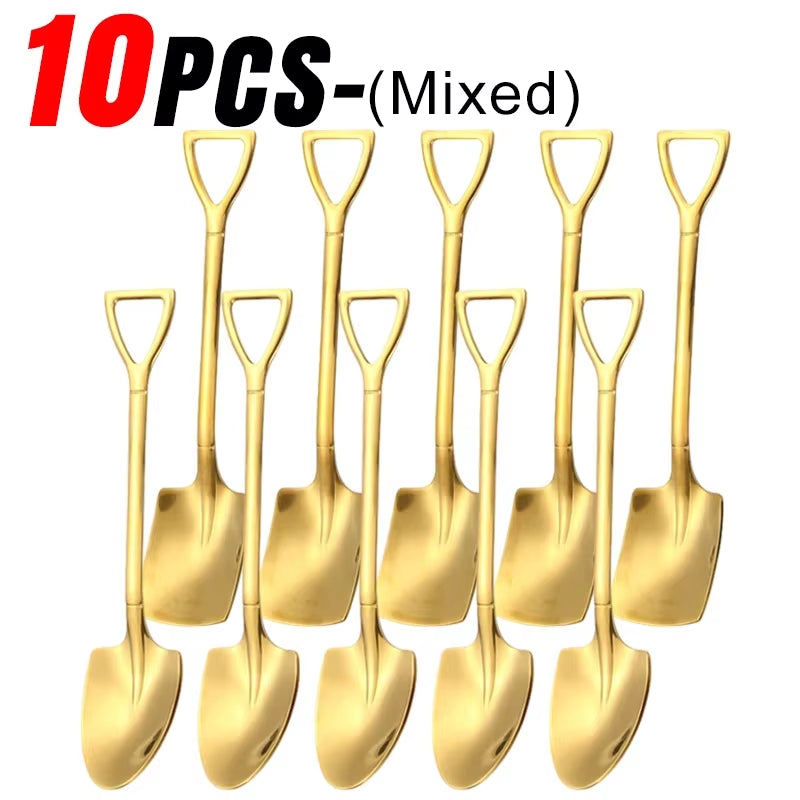 Stainless Steel Shovel Spoons Gold Silver Mini Coffee Teaspoon Fruit Ice Cream Dessert Spoon Scoops Kitchen Tableware Set 20/2Pc