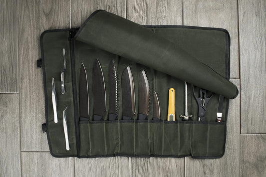 Canvas Chef Knife Roll Bag - 10 Knife Slots and a Large Zipper Pocket - Durable 10Oz Canvas Knife Case with an Adjustable Shoulder Strap - Knives Not Included (Forest Green)