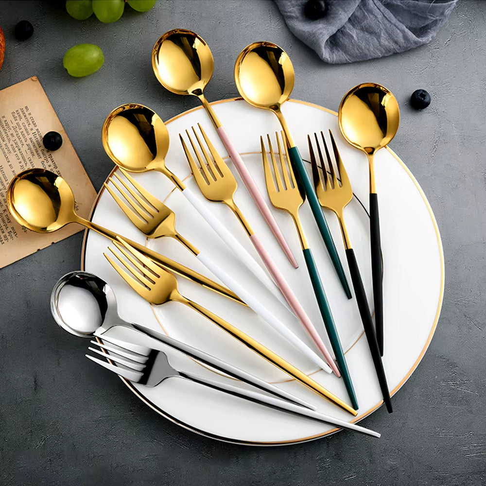 24Pcs Black Western Dinnerware Set Stainless Steel Cutlery Set Fork Knife Spoon Tableware Set Flatware Set Silverware Set