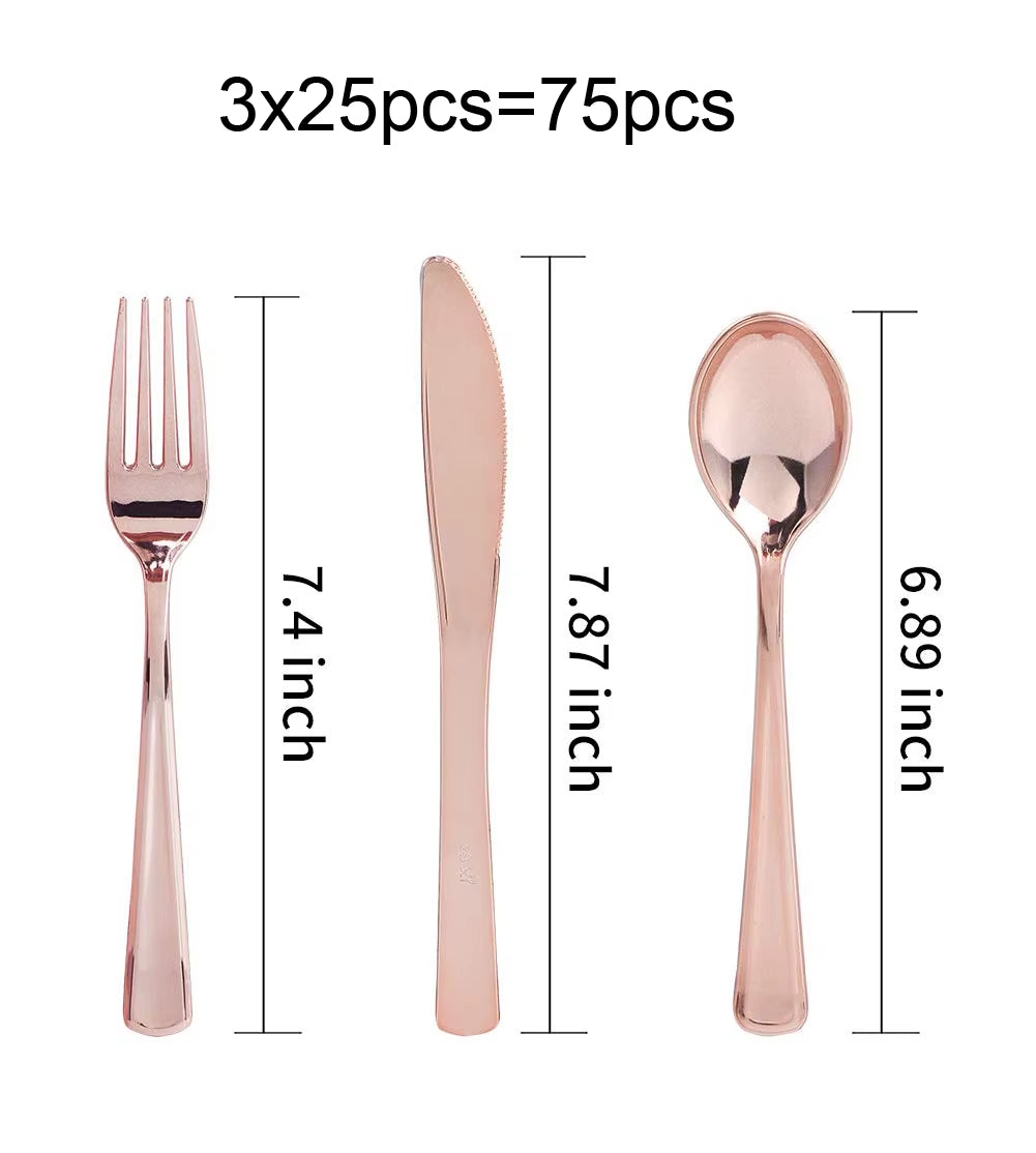 75 Pieces Gold Plastic Silverware- Party Flatware Set-Heavyweight Plastic Cutlery- Includes 25 Forks, 25 Spoons, 25 Knives