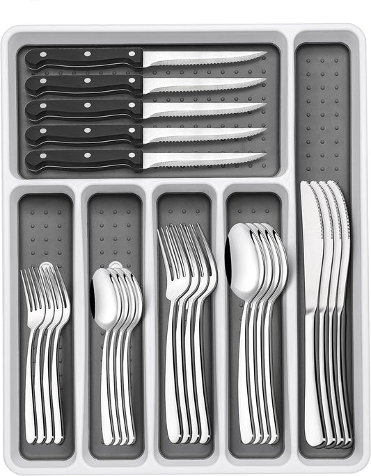 49-Piece Silverware Set with Organizer, Heavy Duty Stainless Steel Flatware for 8, Cutlery Utensil Sets with Steak Knives, Rust-Proof, Mirror Polished, Dishwasher Safe