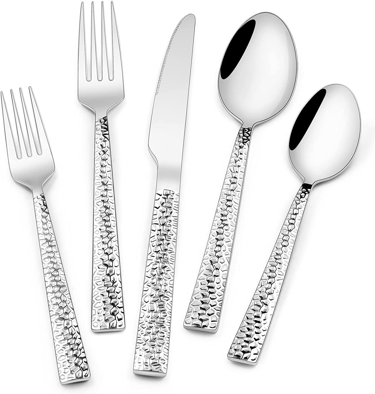 Hammered Silverware Set, 40-Piece Stainless Steel Square Flatware Set for 8, Food-Grade Tableware Cutlery Set, Utensil Sets for Home Restaurant, Mirror Finish, Dishwasher Safe