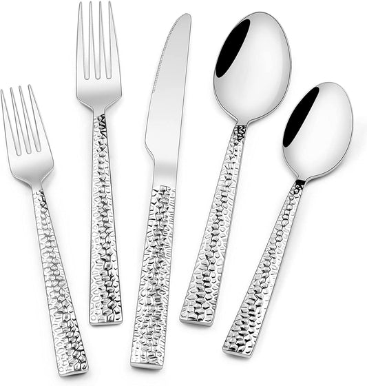 Hammered Silverware Set, 40-Piece Stainless Steel Square Flatware Set for 8, Food-Grade Tableware Cutlery Set, Utensil Sets for Home Restaurant, Mirror Finish, Dishwasher Safe