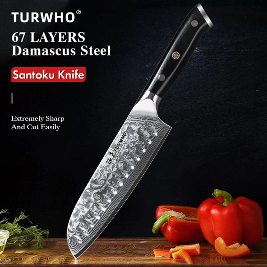 7" Japanese Style Santoku Knife Damascus Steel Professional Chef Knife Slicing Meat Cleaver Beef Kitchen Cooking Tools