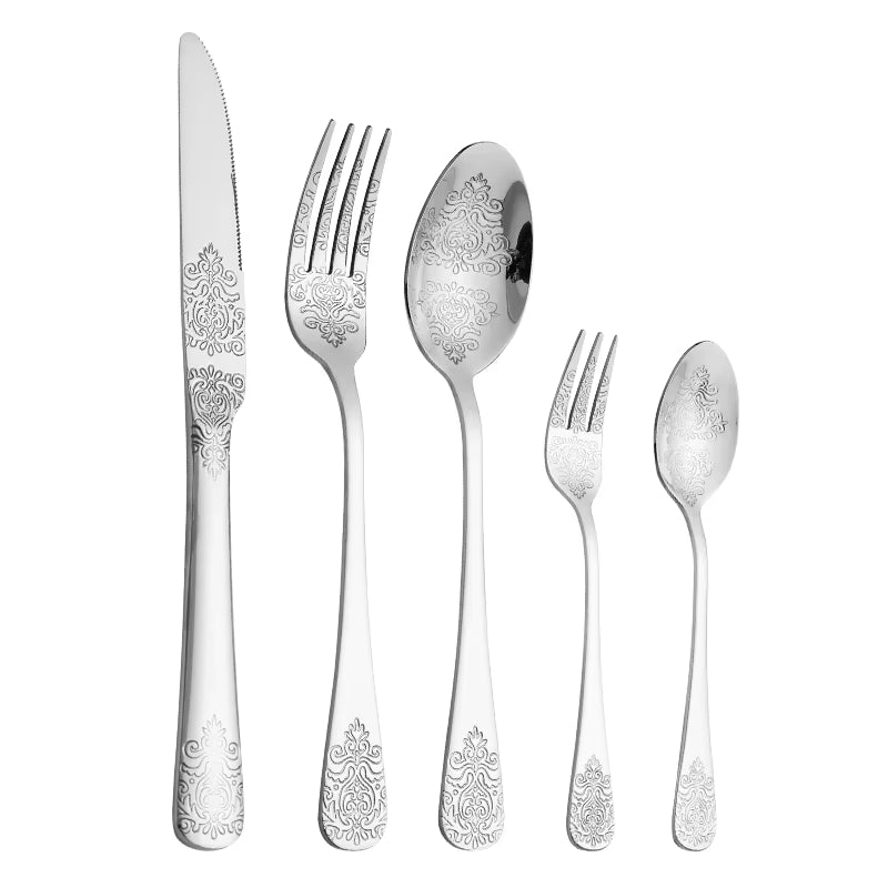 5Pcs Cutlery Set Stainless Steel Tableware Carving Golden Dinnerware Set Knife Fork Spoon Silverware Flatware Kitchen Untensils