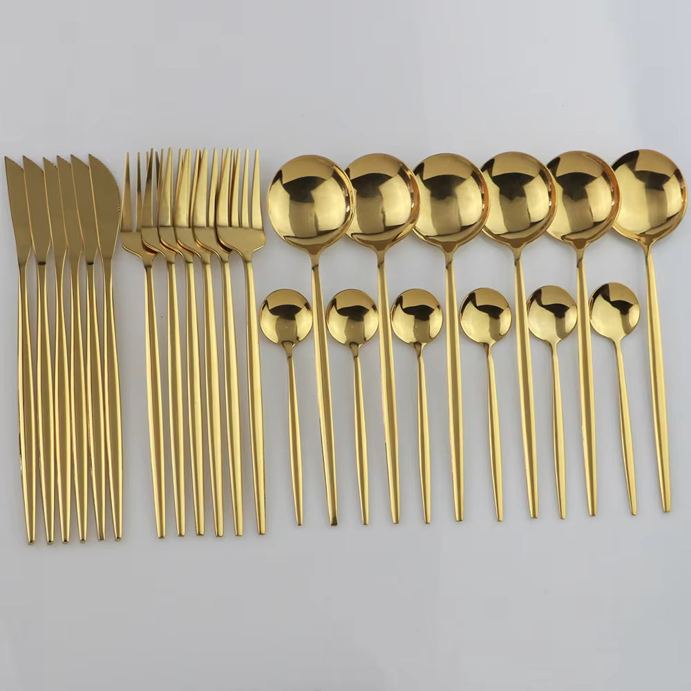 24Pcs Gold Dinnerware Set Stainless Steel Tableware Set Knife Fork Spoon Flatware Set Dishwasher Safe Silverware Cutlery Set