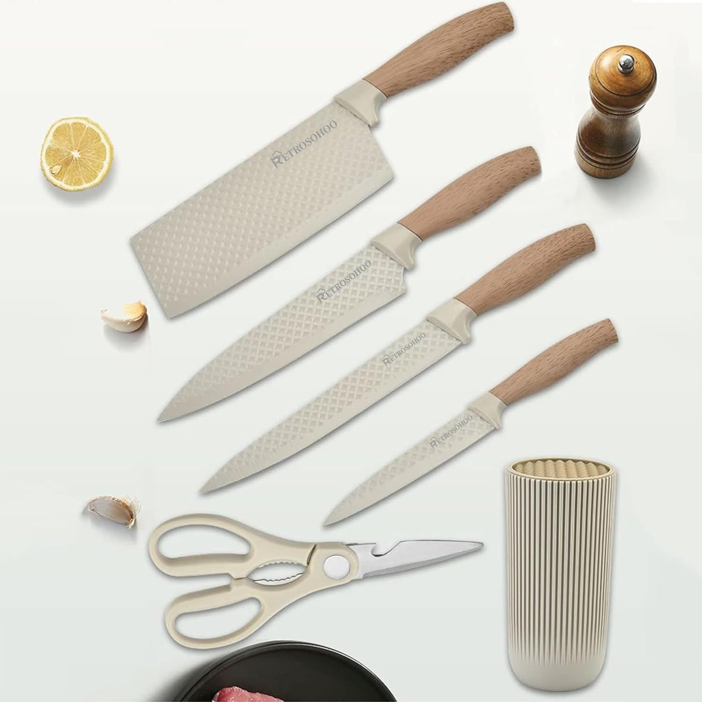 Kitchen Knife Set,  6-Pieces Khaki Sharp Knife Set for Kitchen, Non-Stick Non-Slip Stainless Steel Chef Knife Set with Universal Knife Block Suitable for Home Restaurant (Khaki)