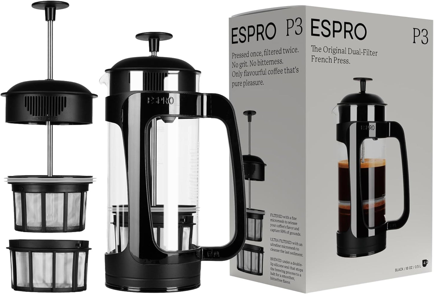 - P3 French Press - Double Micro-Filtered Coffee and Tea Maker, Grit-Free and Bitterness-Free Brews, Ideal for Loose Tea and Coffee Grounds - (Black, 32 Oz)